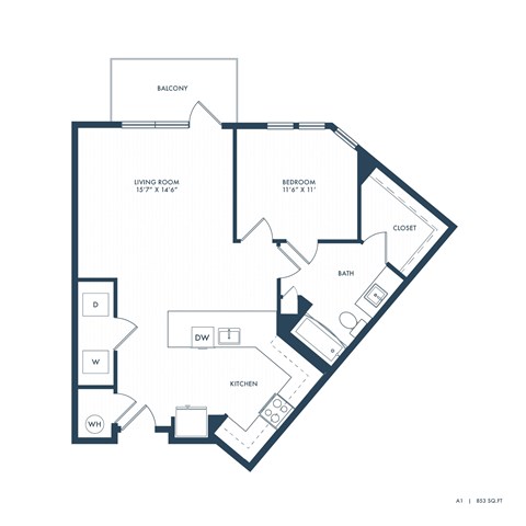 Floor plan for 1 bed, 1 bath, 853 sqft